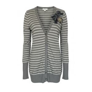 Ann Taylor LOFT Striped Cardigan Medium Heather Gray Light Gray V Neck Bow